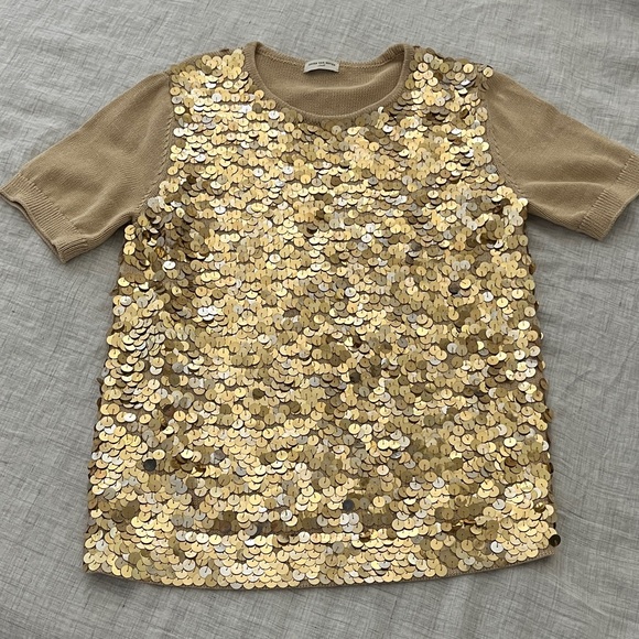 Dries Van Noten cotton short sleeve sweater with front gold payette sequins